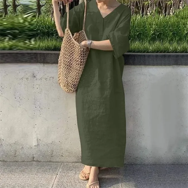 Women Plain V Neck Half Sleeve Comfy Casual Maxi Dress