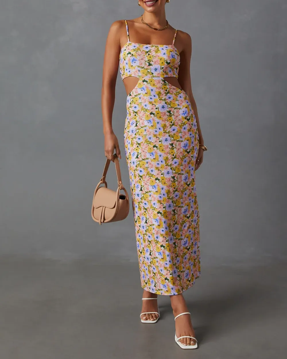 Cutout Floral Print Midi Dress