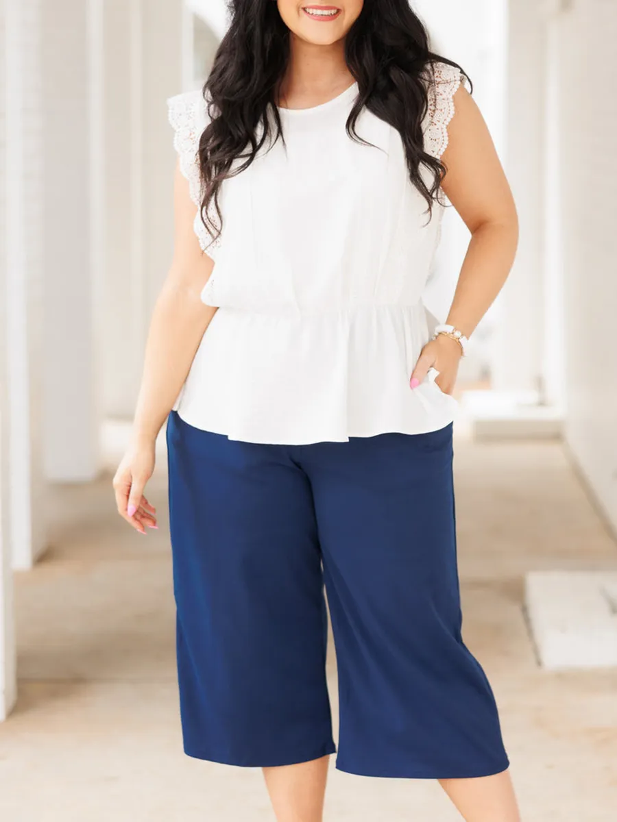 Dark Blue Loose Cropped Straight Leg Pants