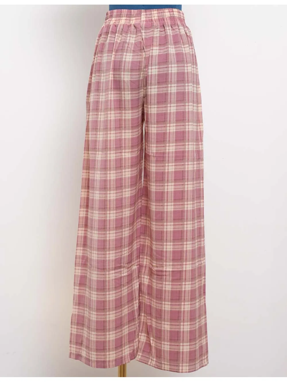 Checked Elastic Waist Drawstring Wide Leg Pants