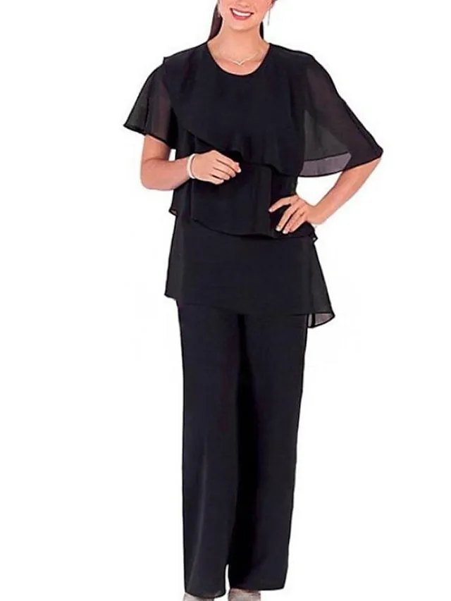 Two Piece Jumpsuit / Pantsuit Mother of the Bride Dress Wedding Guest Elegant Cape Dress Plus Size Jewel Neck Floor Length Chiffon Short Sleeve with Cascading Ruffles 2024