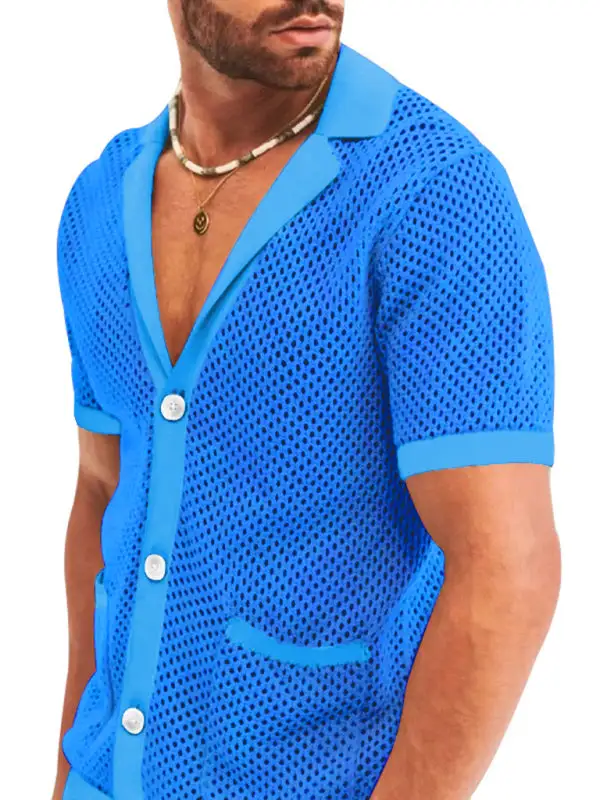 Knit Lapel Collar Short Sleeve Shorts