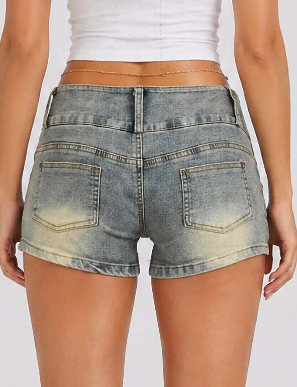 Metal Eyelet Solid Color Denim Shorts