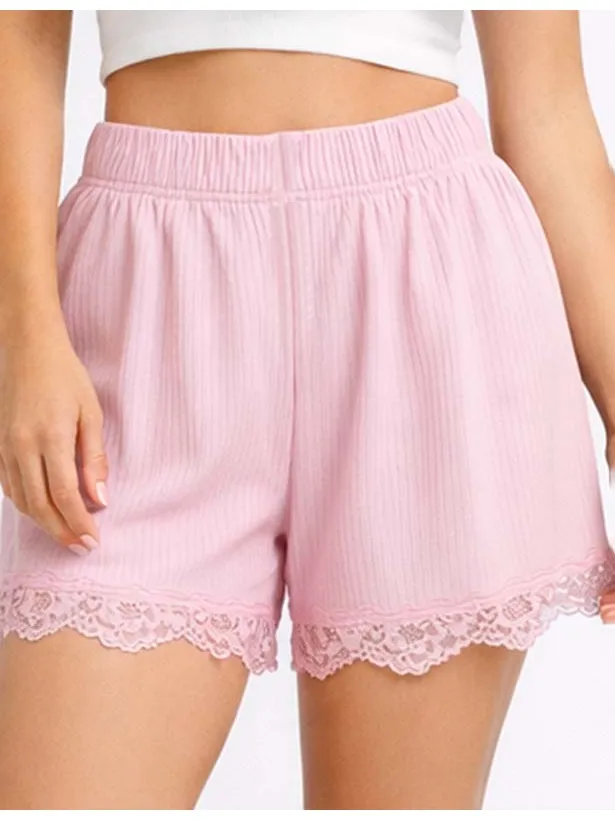 Ribbed Knit Elastic Waist Lace Trim Wide Leg Easy Shorts