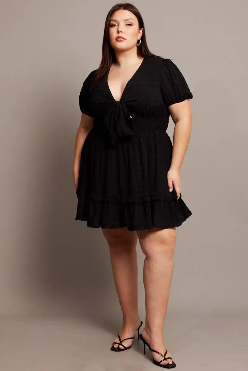 Black Tie Front Textured Frill Hem Minidress