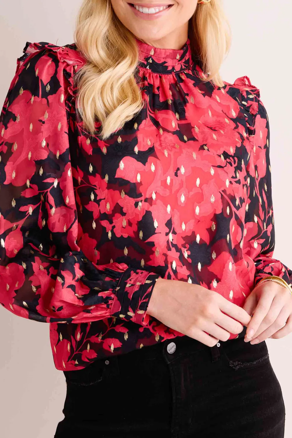 Red Polka Dot Balloon Sleeve High Neck Blouse