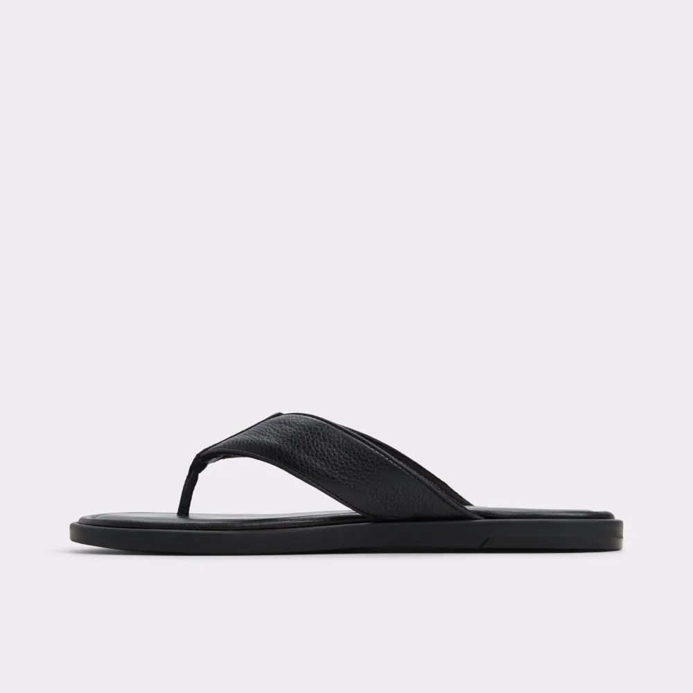 Open Toe Black Pebbled Leather Flip Flops
