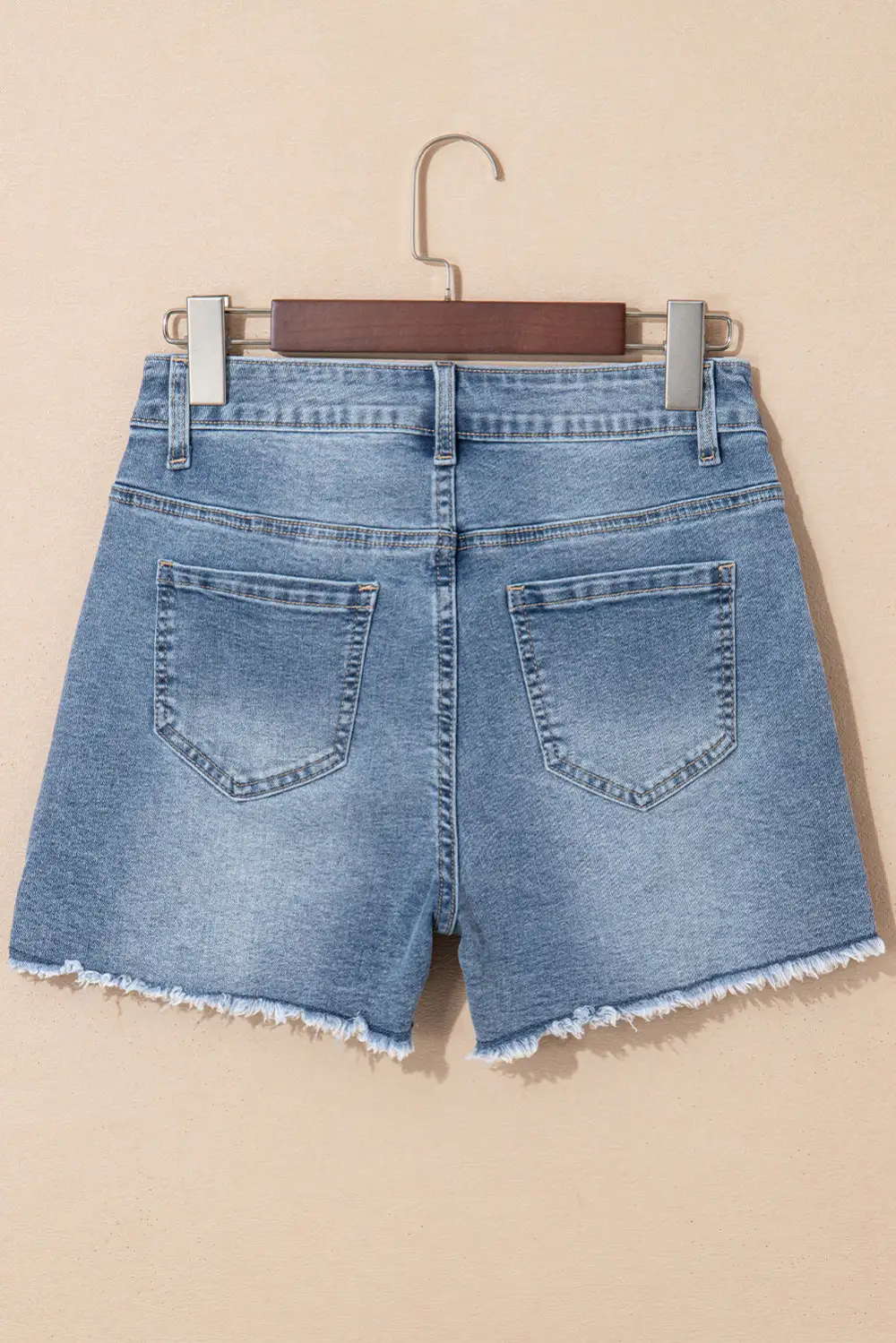 Pearl Beaded Raw Hem Medium Wash Denim Shorts