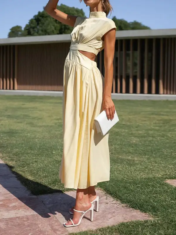Belly Pleated Sleeve Maxi Dress