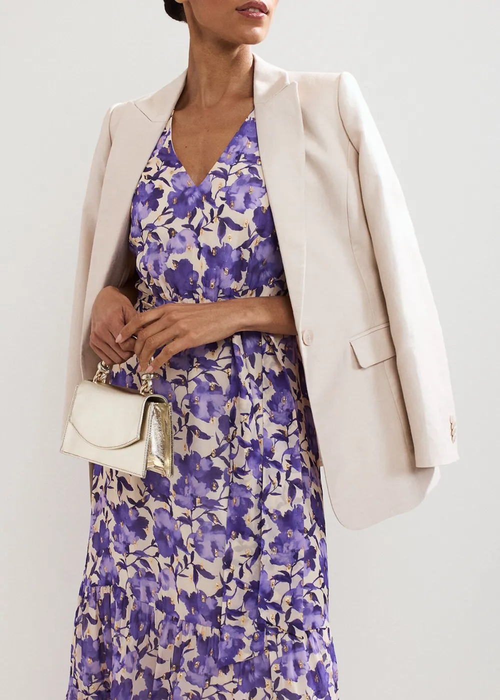 Elegant And Versatile Purple Printed V-Neck Dress