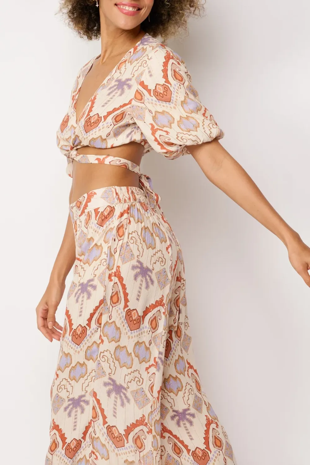 Peach Toned Paisley Print Wrap Crop Top