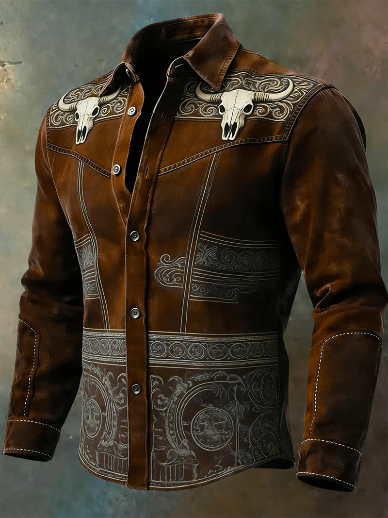 Men's Vintage Western Double Bull Skull Embroidered Long Sleeve Shirt