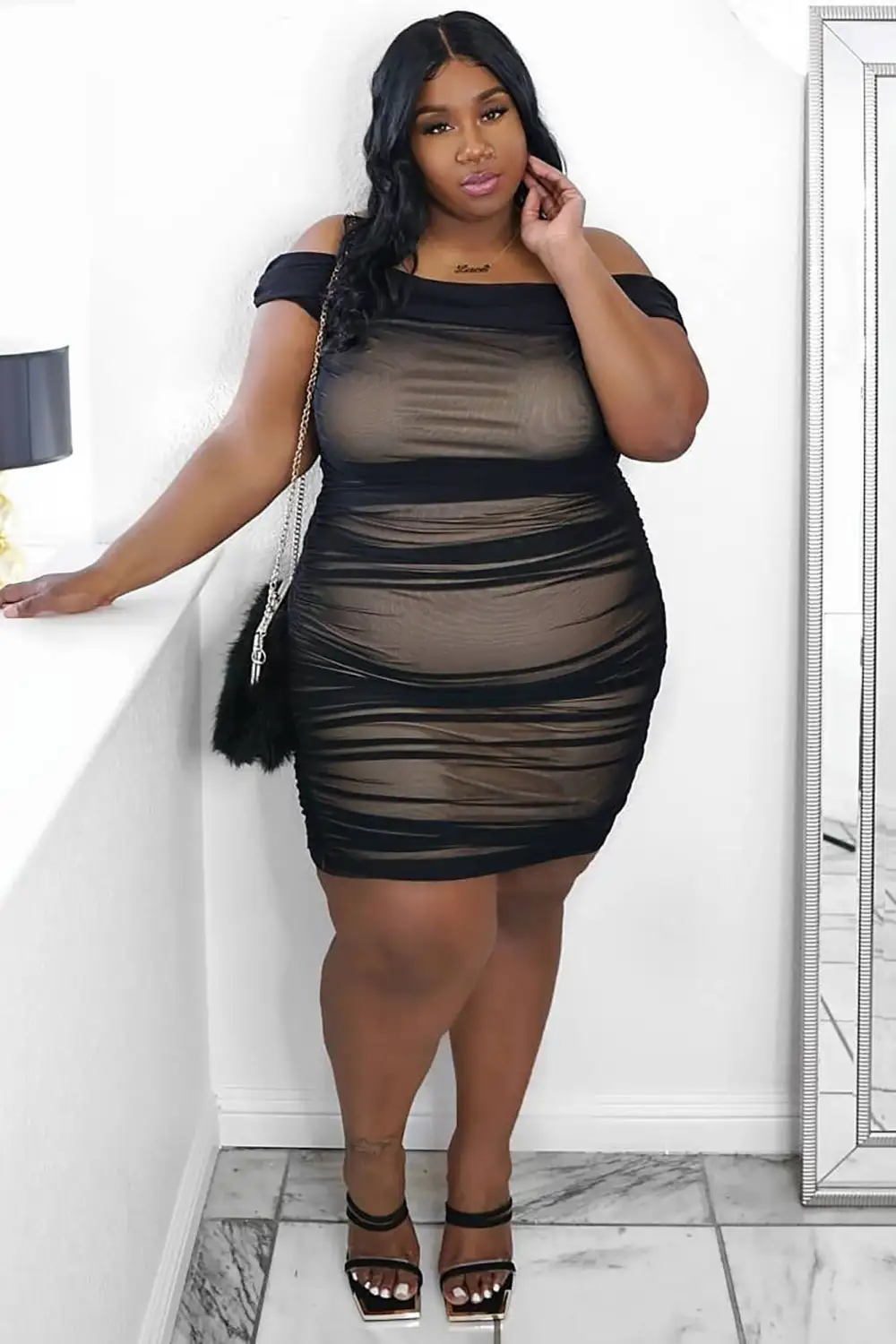 Ready And Ruched Mesh Midi Dress - Black