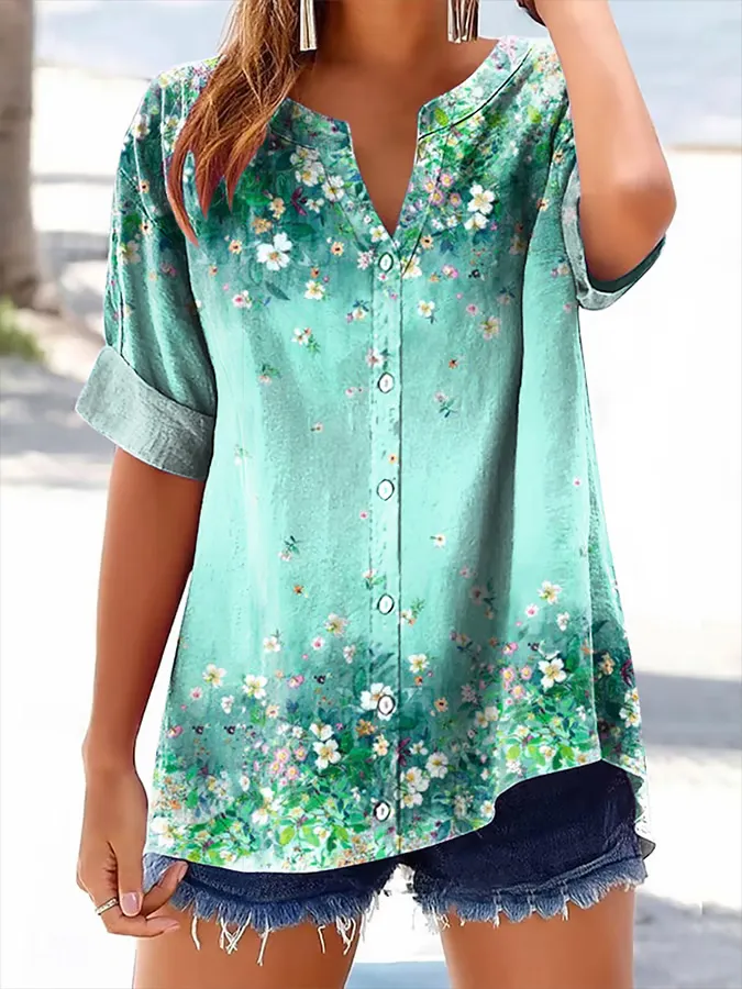 Women's White Short-Sleeved Shirt With Floral Prints