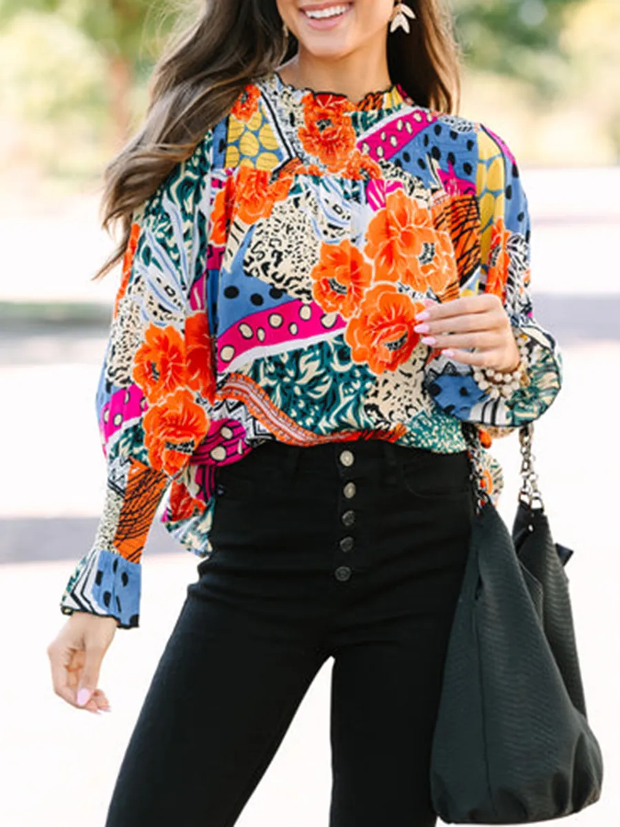 Women's long sleeve mixed print shirt