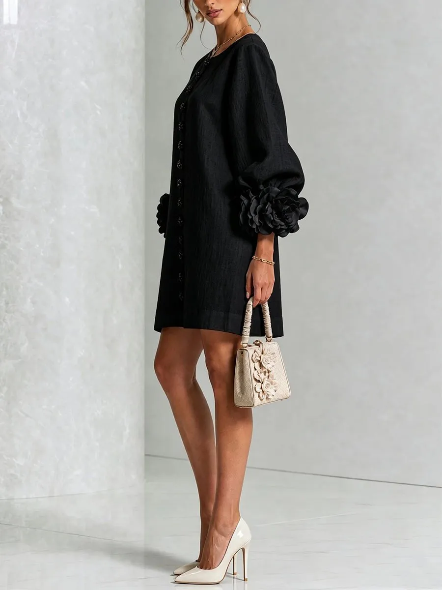Elegant 3D Floral Button-Front Mini Dress With Striking Floral Cuffs