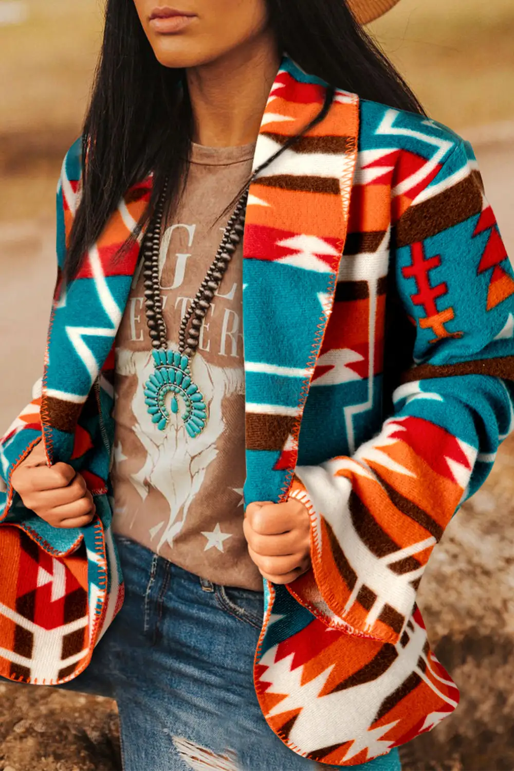 Geometric Pattern Lapel Collar Jacket