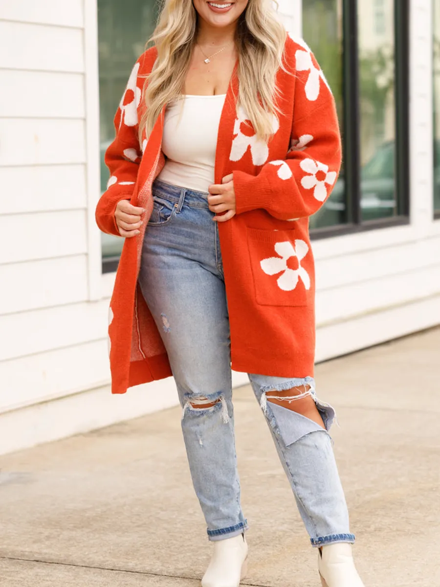 Flower Patterned Red Sweater Cardigan