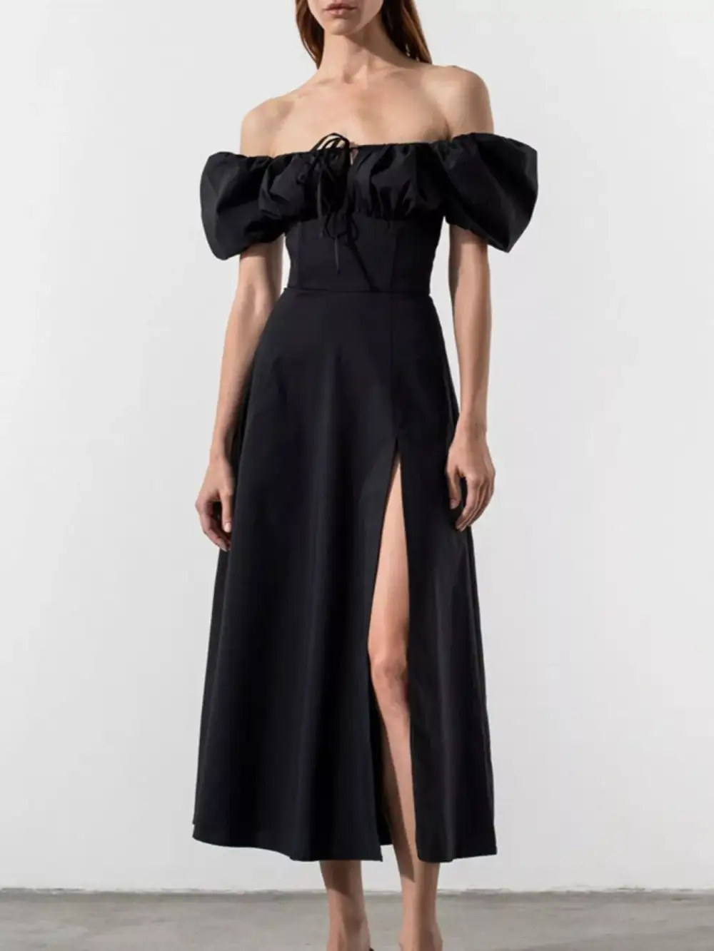 Slit Puff Sleeve Midi Dress
