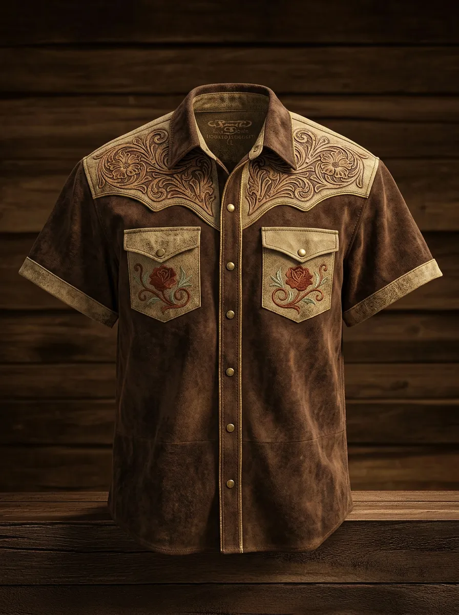 Men's Western Cowboy Rose Floral Tooled Leather Printed Shirt