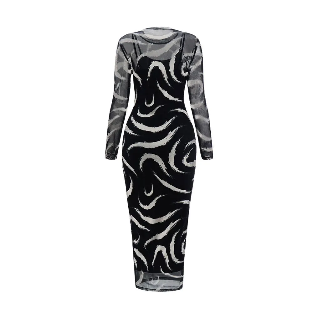 Mesh Translucent Outer Skirt Bodysuit Long Dress
