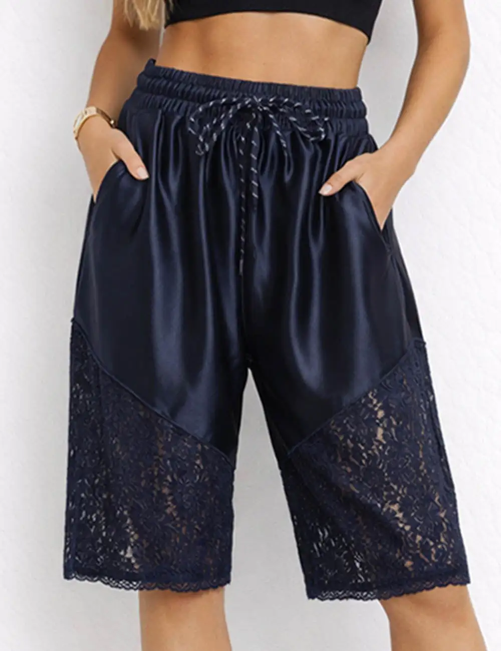Lace Panel Drawstring Wide Leg Shorts