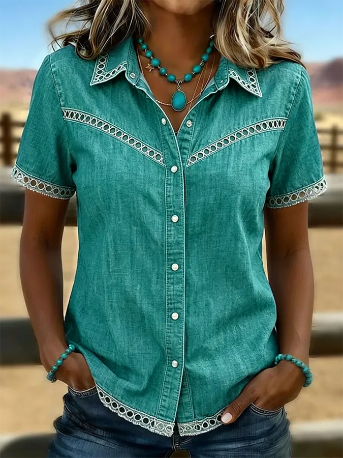 Women's Western Style Retro Solid Color Casual Hollow Denim Shirt