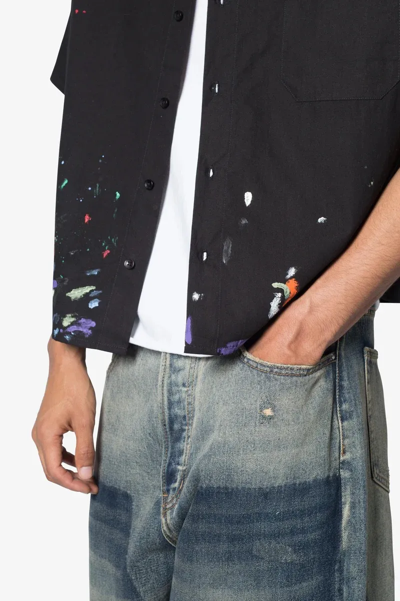 BLACK PAINT SPLATTER POPLIN SHORT SLEEVE SHIRT