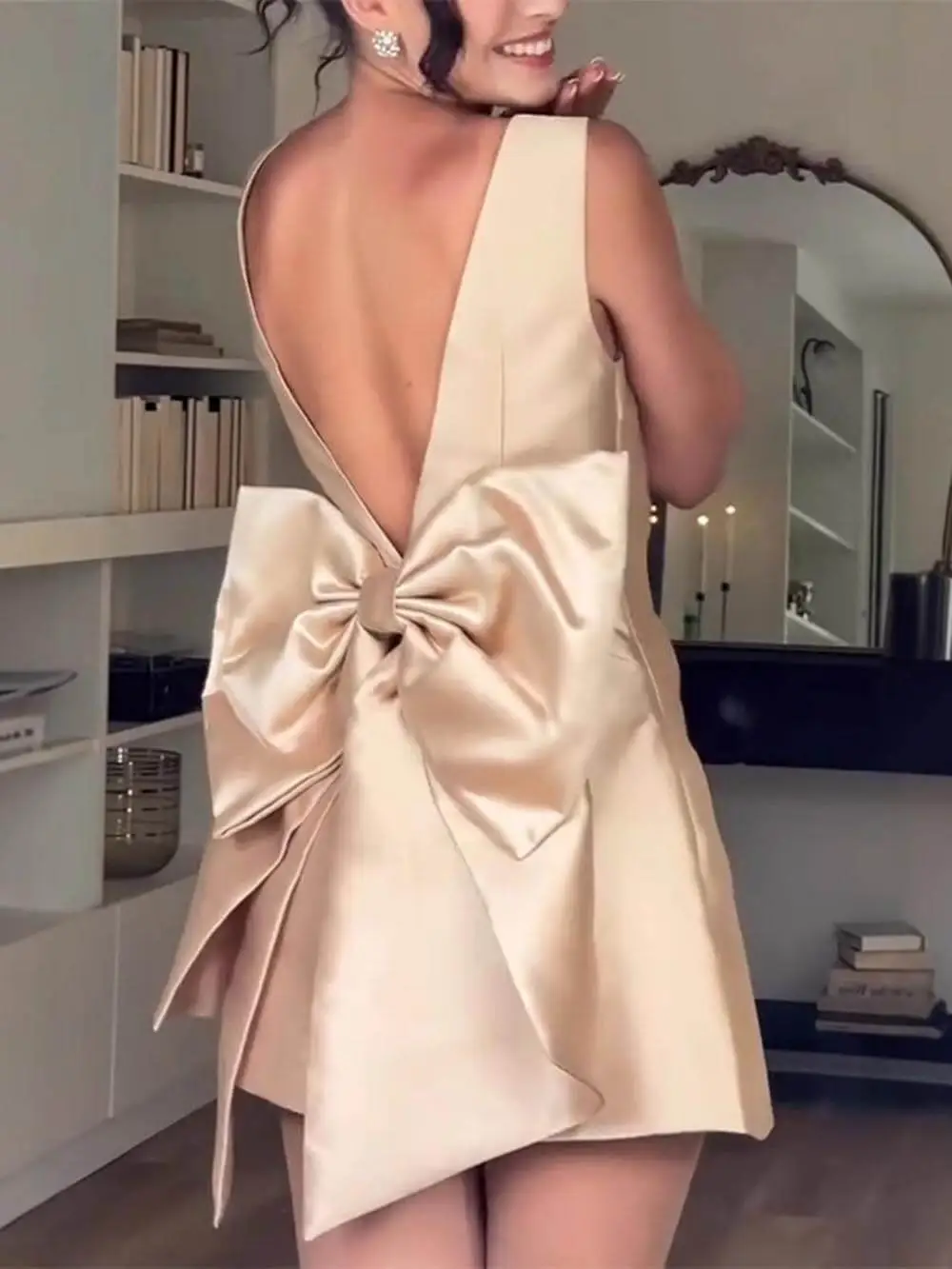 Modern Satin Backless Bow Decorated Mini Dress