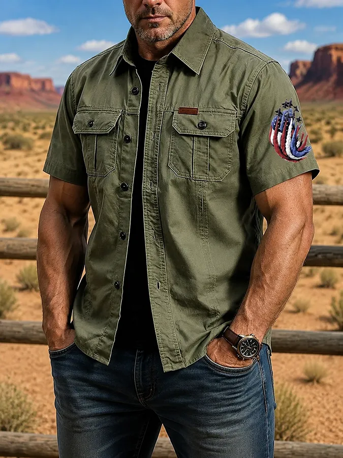 Men's American Flag Eagle Print Short Sleeve Shirt