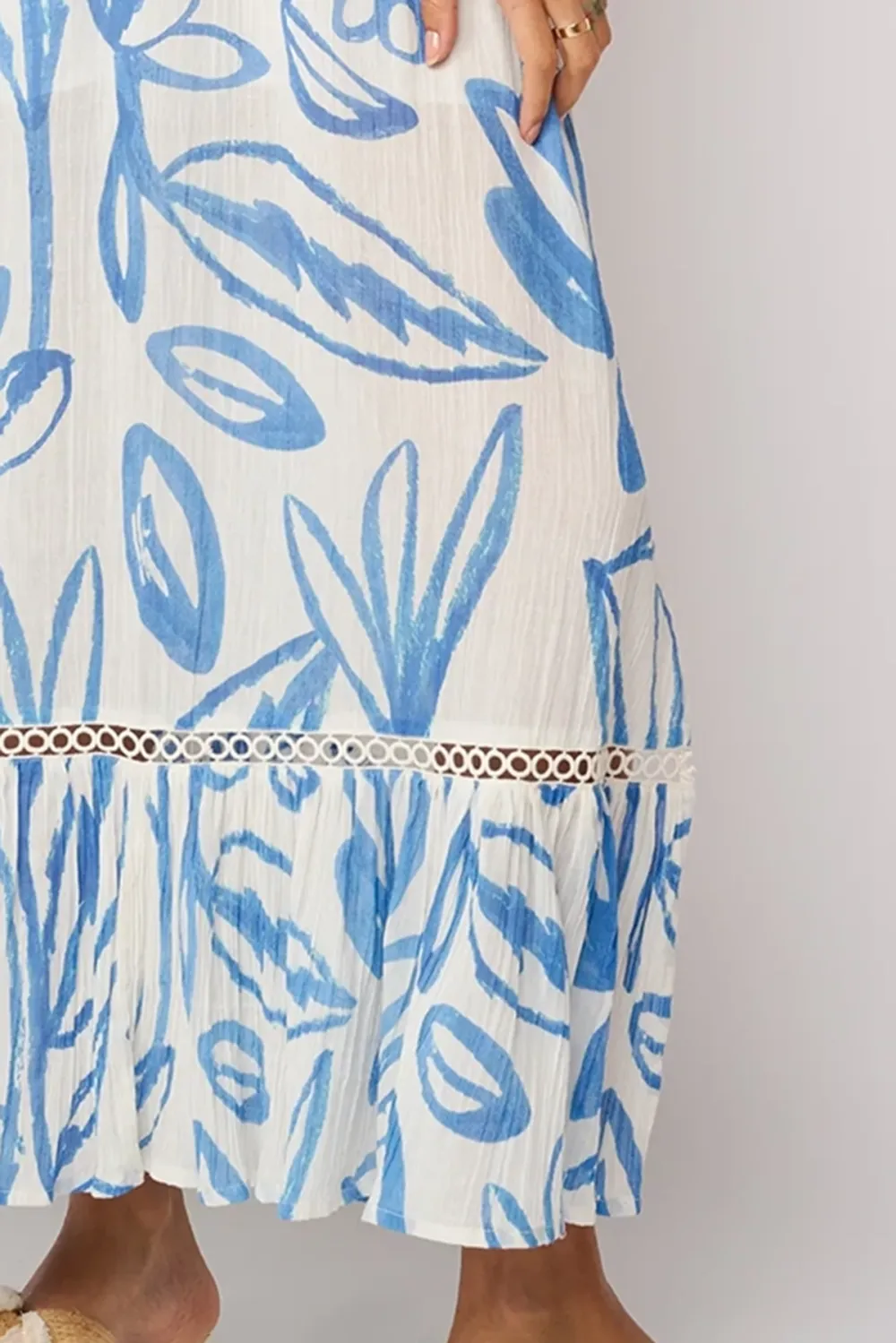 Blue And White Botanical Print V Neck Maxi Dress