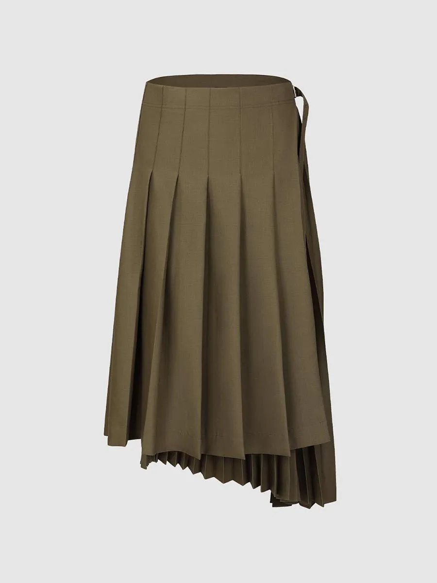Ladies Khaki Green Irregular Commuter Pleated Long Dress