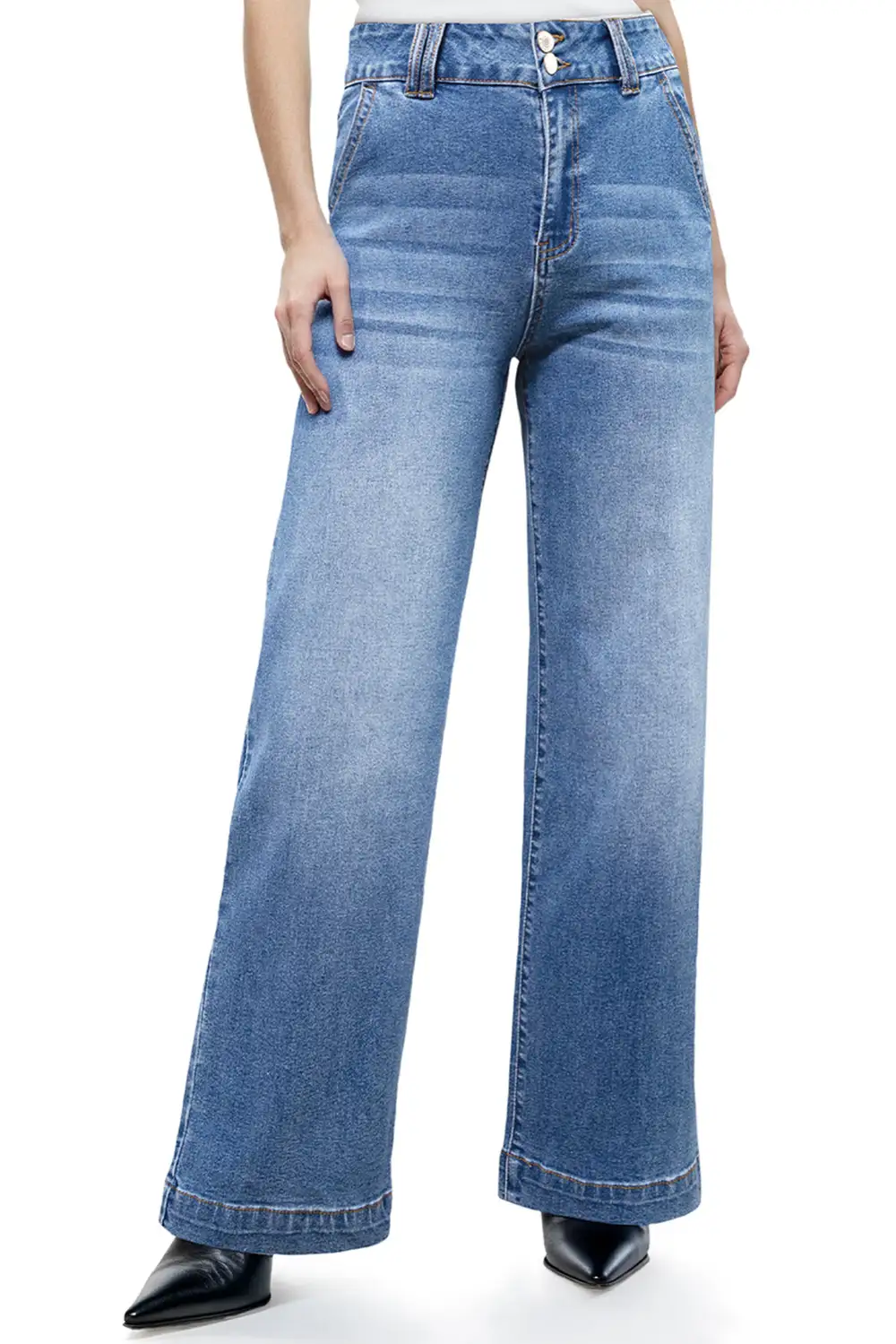 Double Button Zip Fly Straight Leg Jeans
