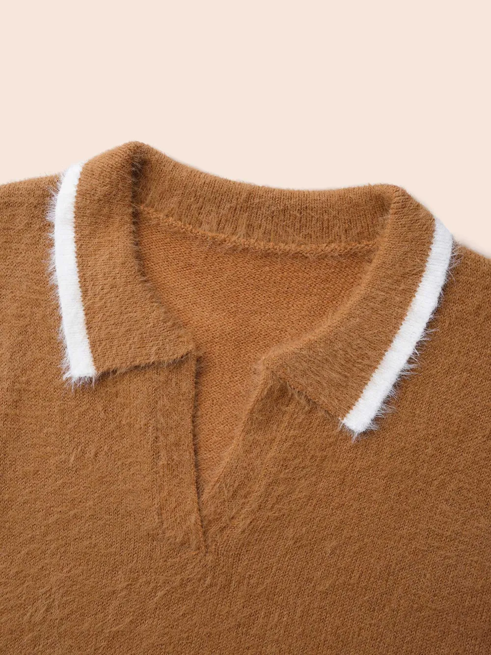 Contrast Trim Polo Neck Fluffy Pullover