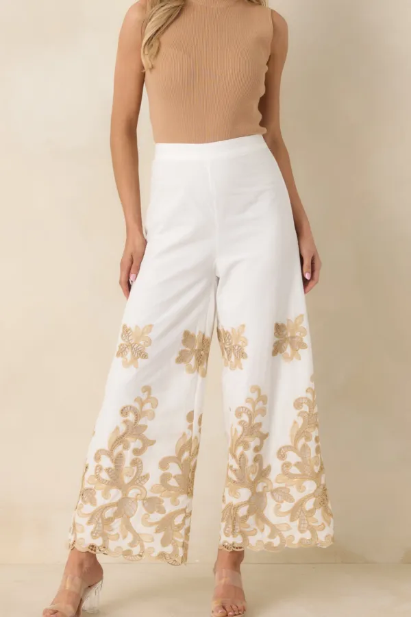 Cotton Lace Applique Wide Leg Pants
