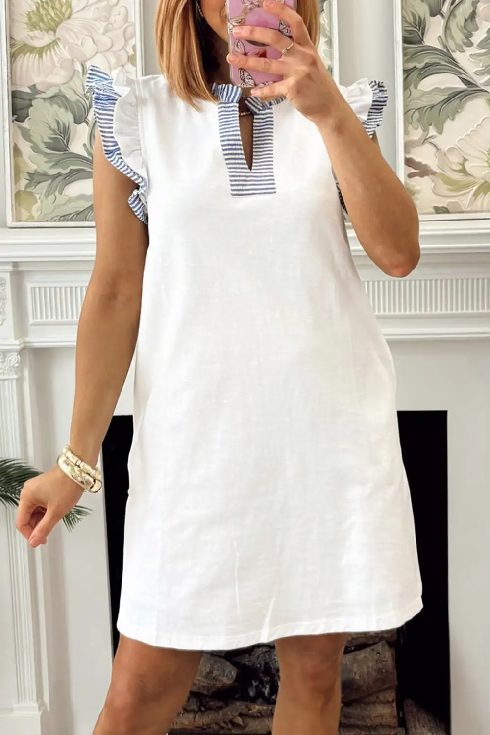 Contrasted Striped Patchwork Split Neck Ruffle Trim Sleeveless Dress