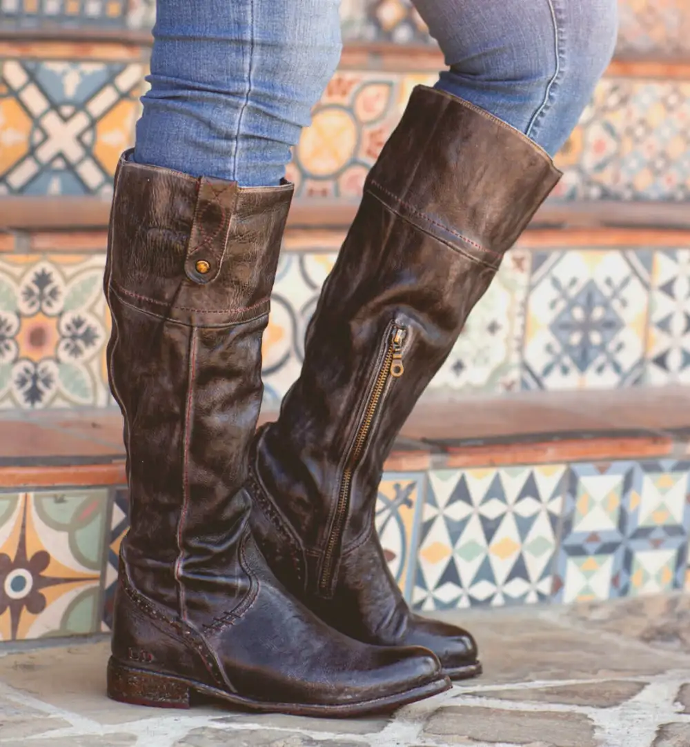 Women's Wide Calf Equestrian Lug Sole Leather Knee High Boots