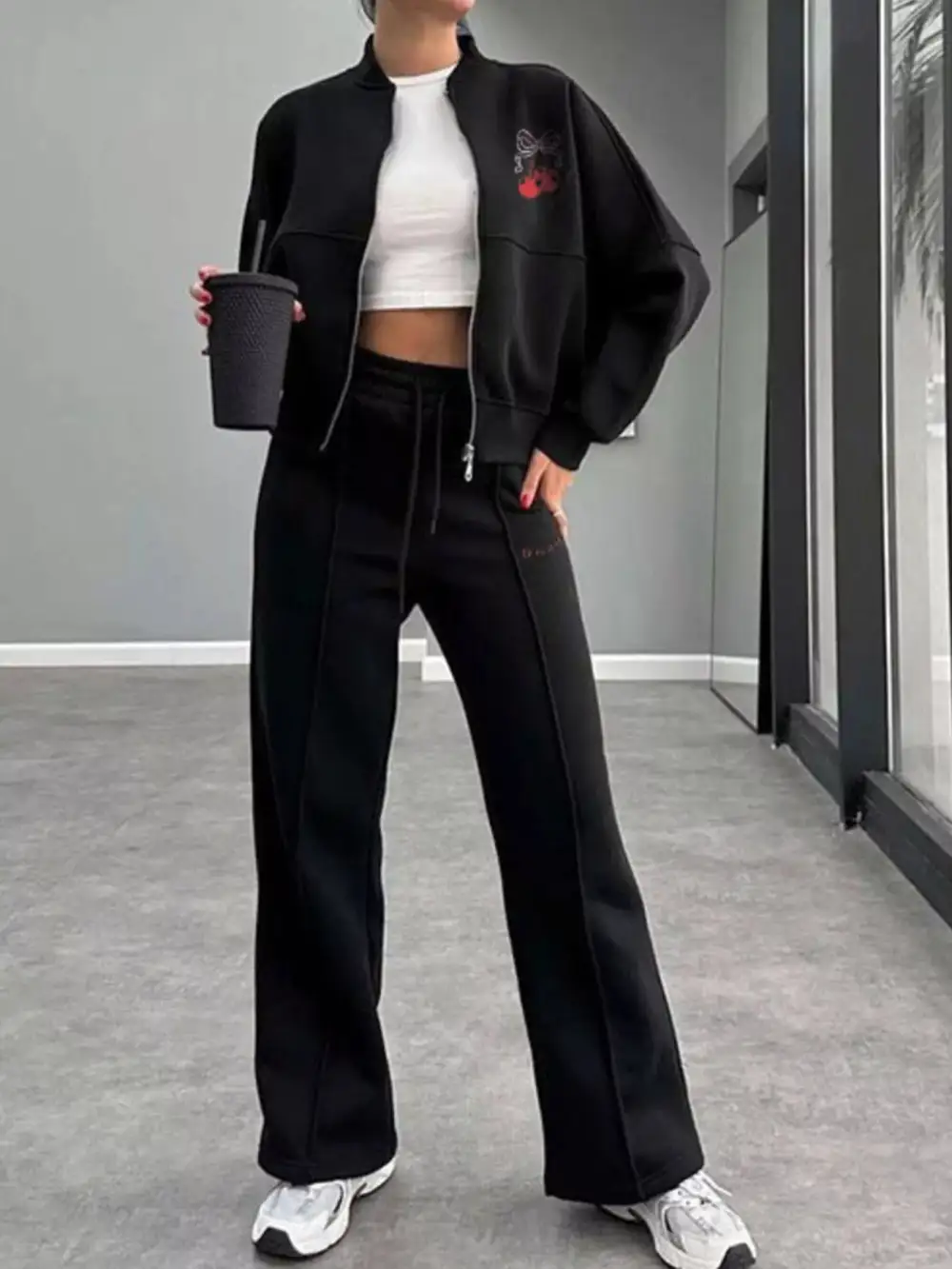 Zip Up Dropped Shoulder Outerwear and Pants Set