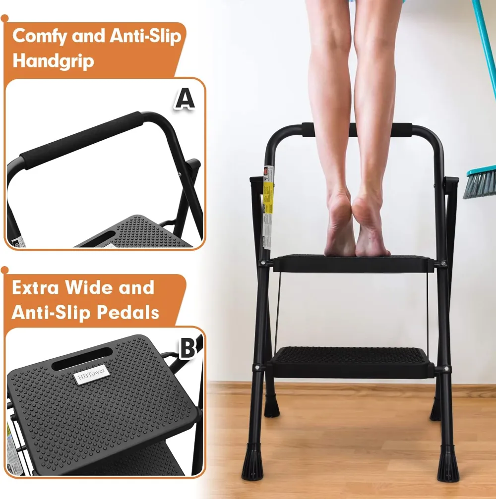 3 Step Ladder, Folding Step Stool with Wide Anti-Slip Pedal, 500lbs Sturdy Steel Ladder, Convenient Handgrip, Lightweight, Portable Steel Step Stool, Black