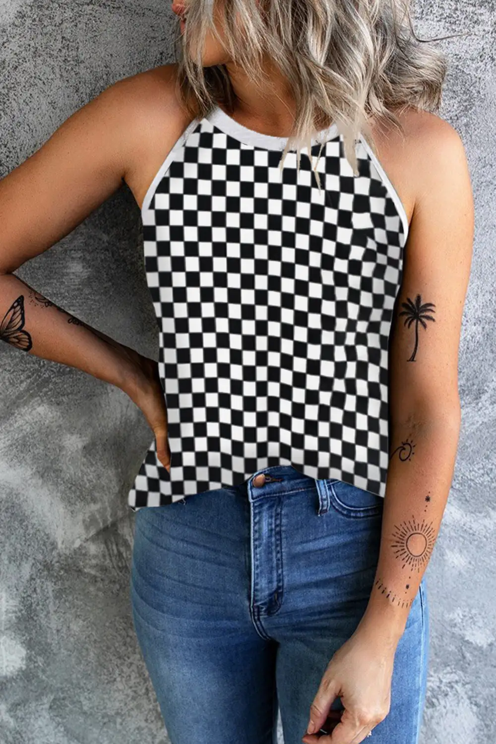 Plaid Neck Sleeveless Tank Top