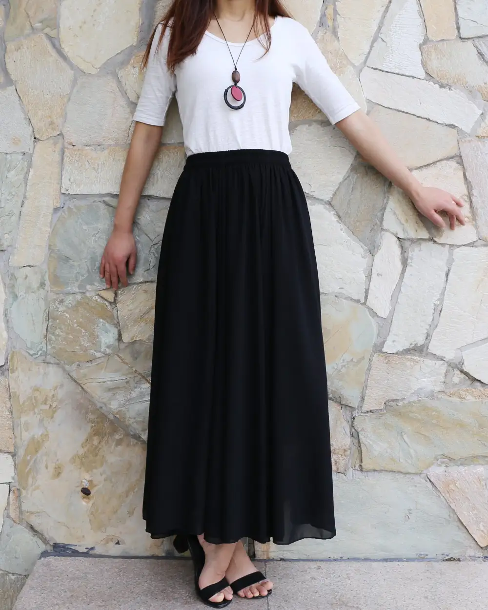 Airy Elastic Waist Chiffon A Line Maxi Skirt