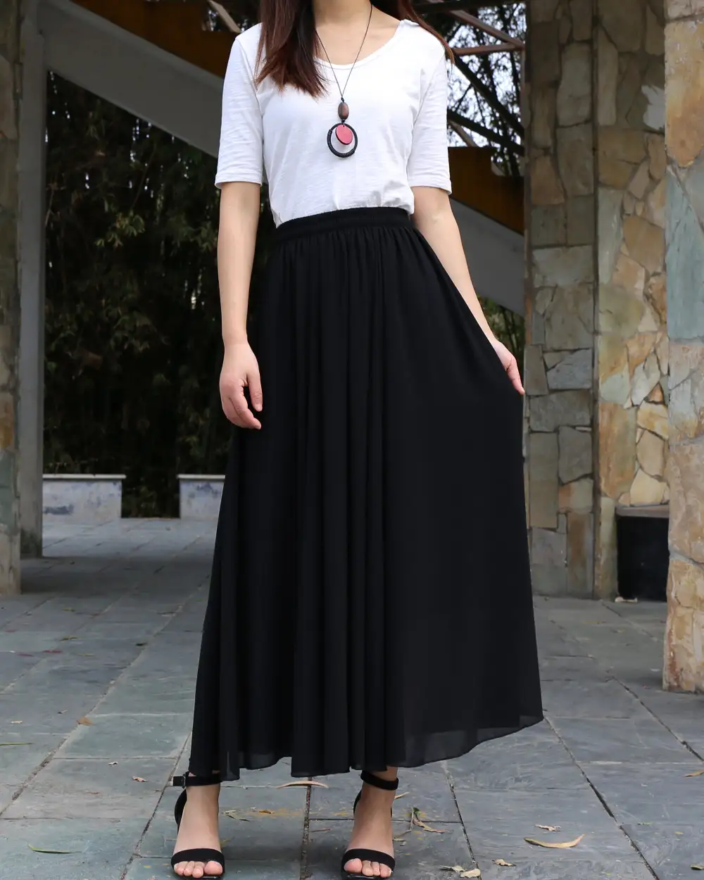 Airy Elastic Waist Chiffon A Line Maxi Skirt