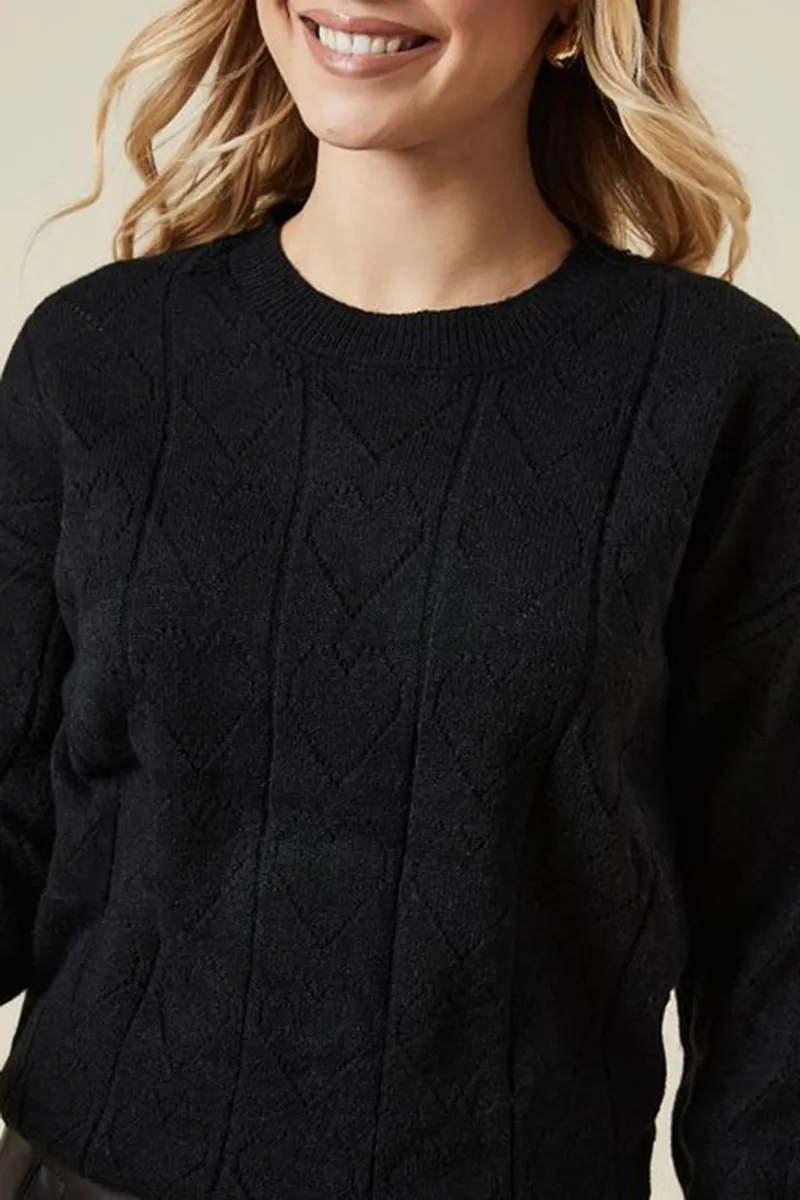 Casual Style Heart Pointelle Crew Neck Sweaters