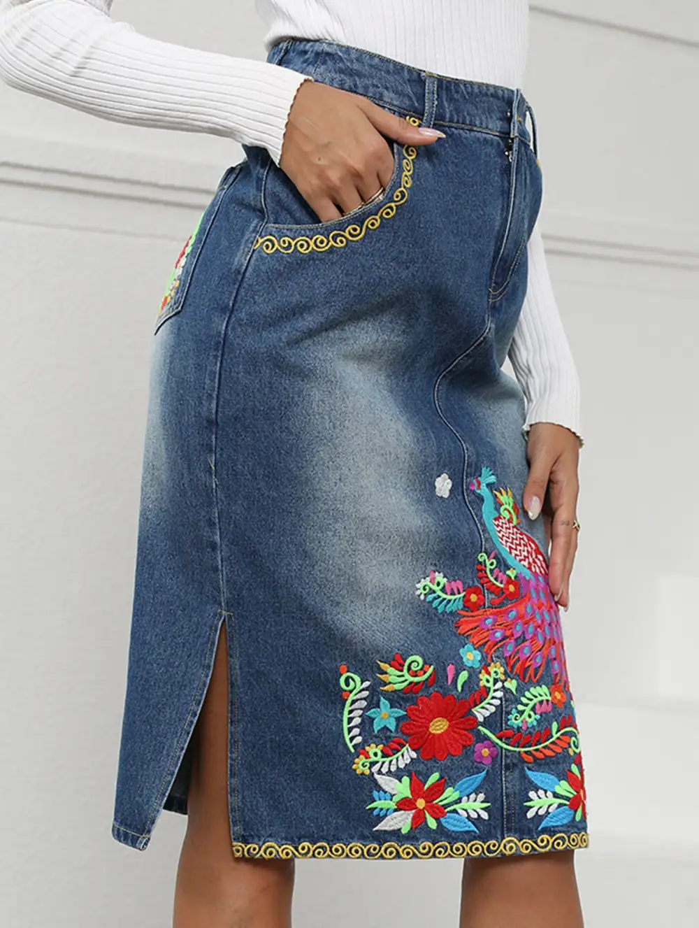 Denim Embroidered Midi Skirt