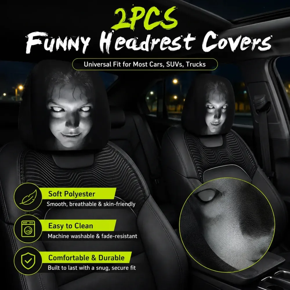 Black & White Creepy Smile Design Car Headrest Cover Stretch Universal Horror Car Dust Cover