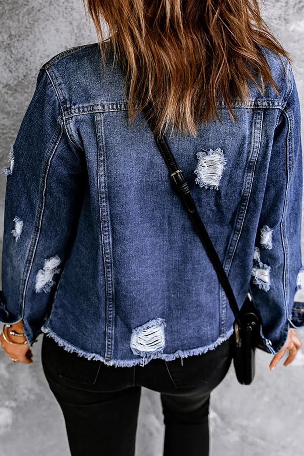 Mixed Print Distressed Button-front Denim Jacket