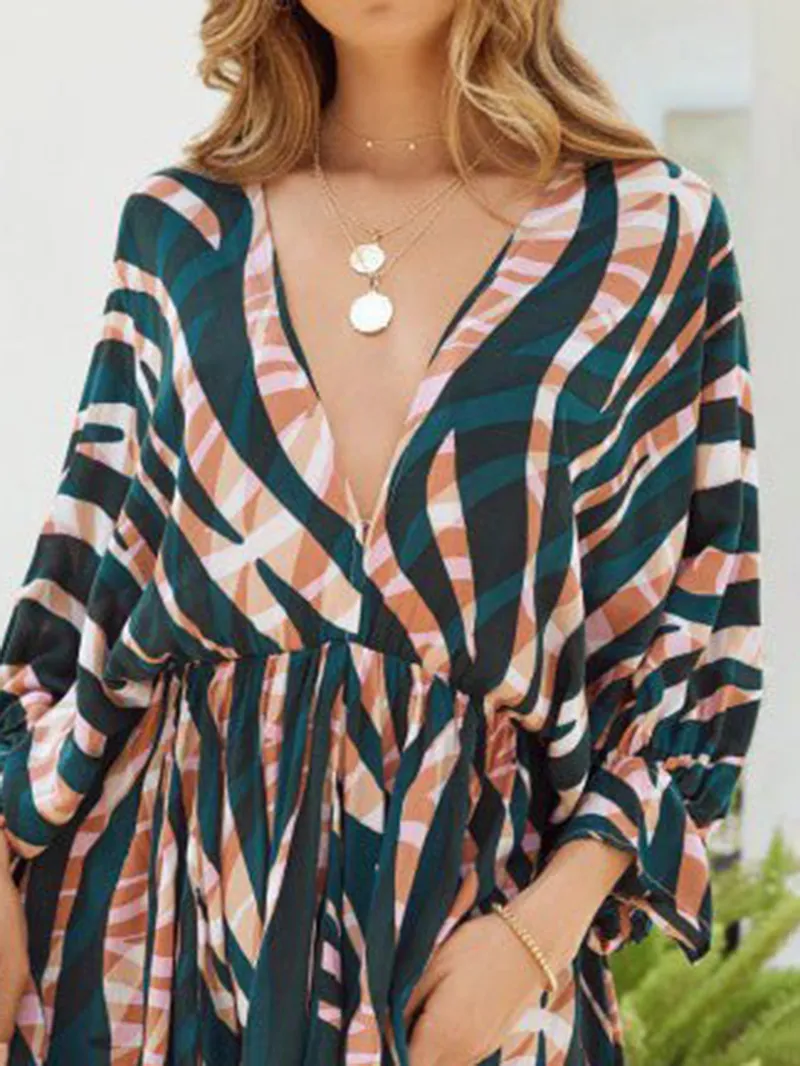 Stripe Print V-Neck Belted Long Sleeve Dress