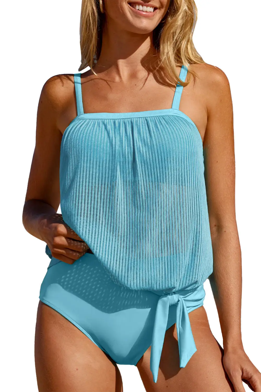 Striped Mesh Knotted Tankini Set
