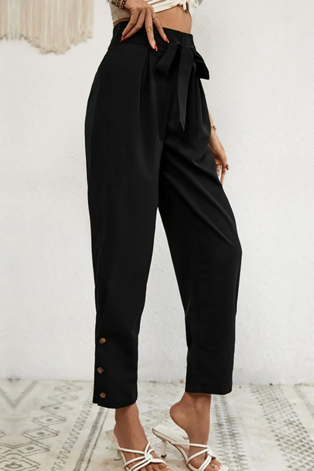 Buttoned Tie Waist Cropped Pants