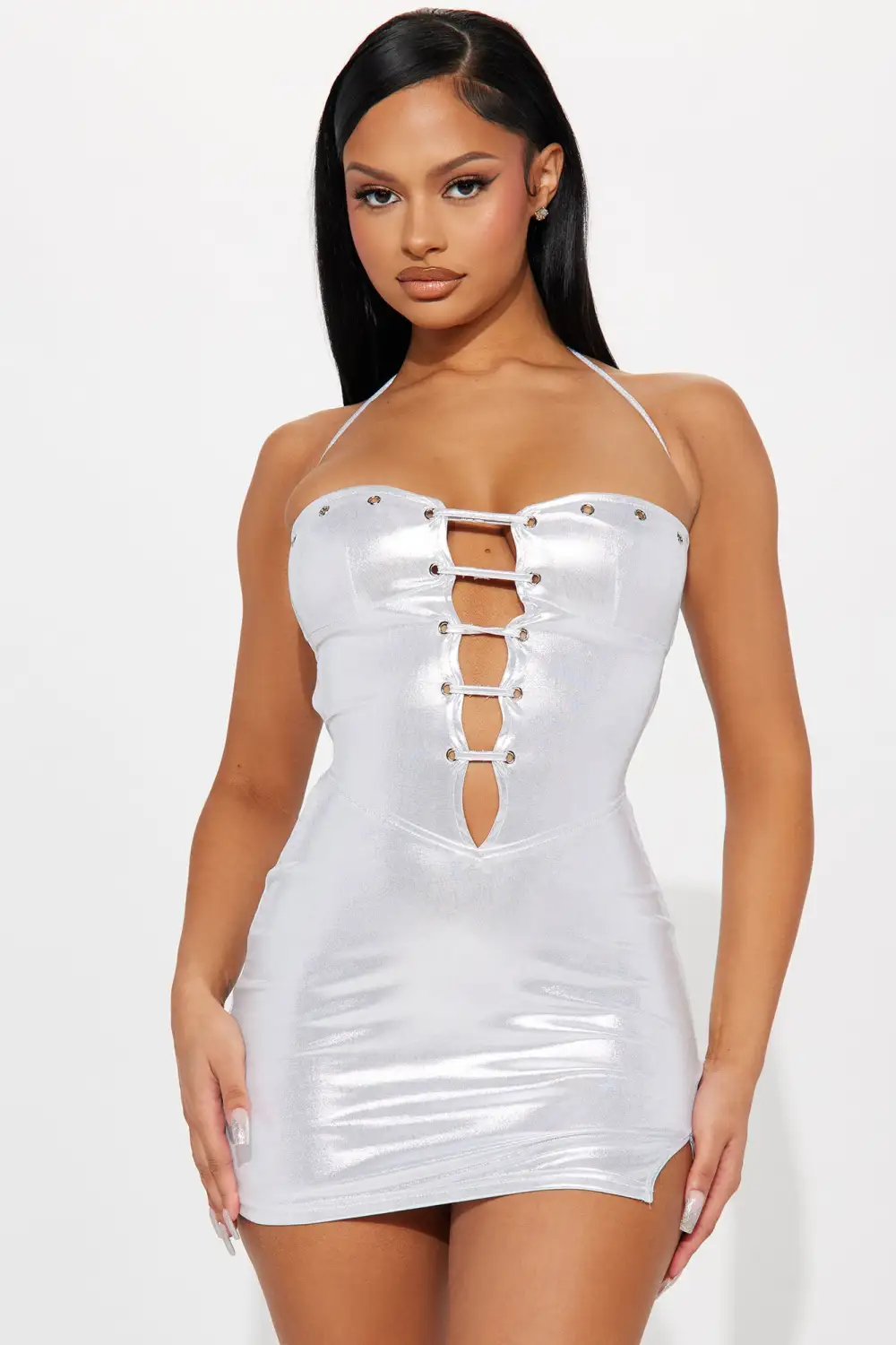 Ashlynn Lace Up Mini Dress - Silver